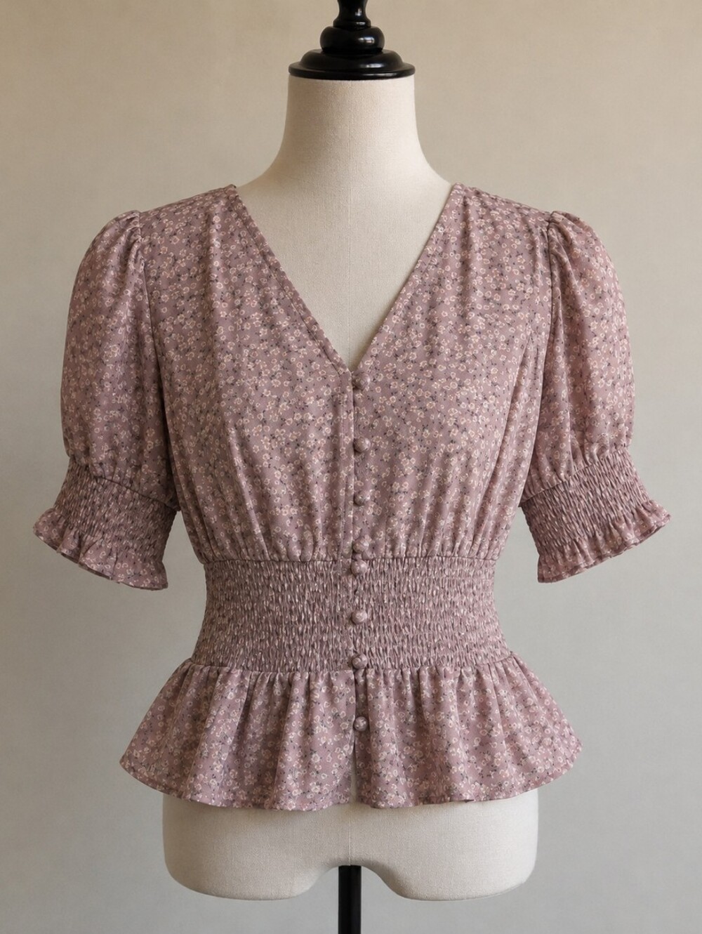 Sienna Sky Dusty Mauve Floral Smocked Peplum Blouse